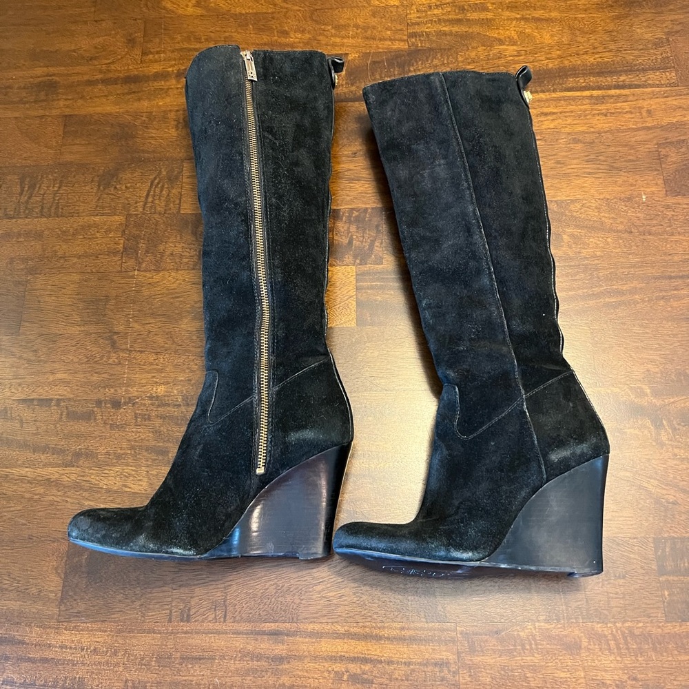 Tory Burch Suede Black Knee-High Wedge Boots - Sz 7.5